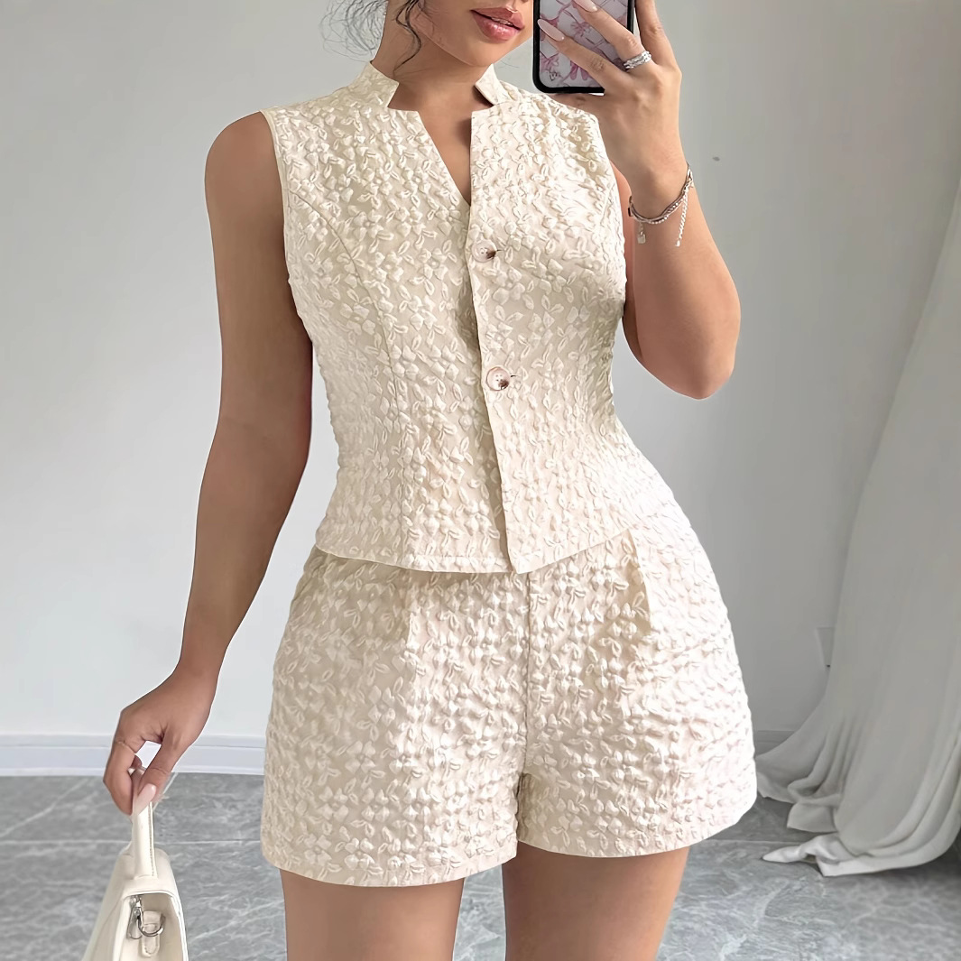 European And American Size Women's Elegant Solid Color Jacquard Sleeveless Vest And Shorts Two-piece Set