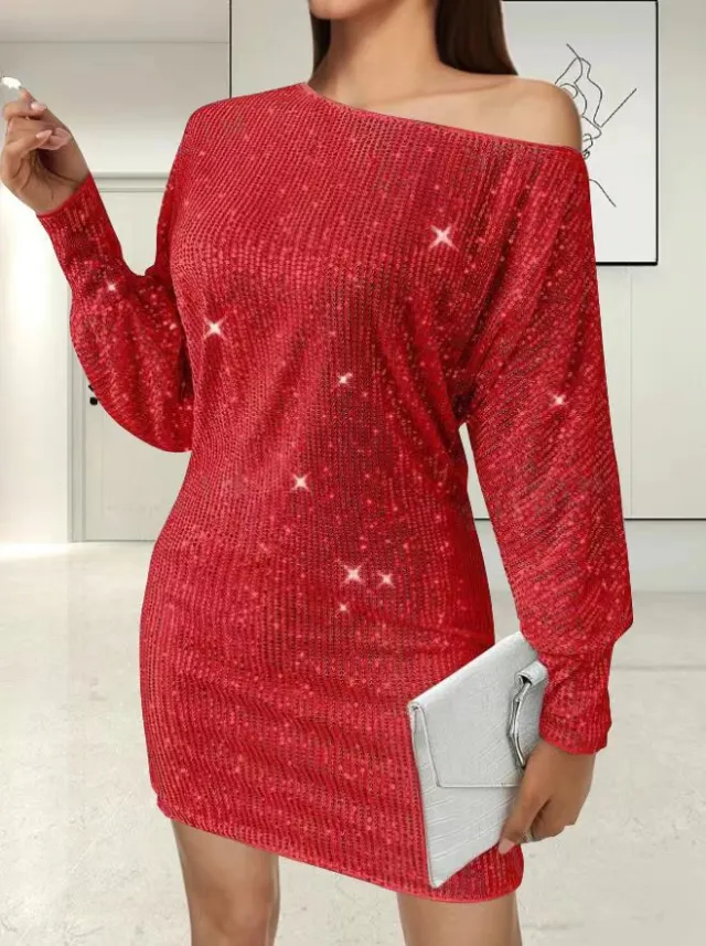 Sexy Sequin Long Sleeve Dress With Asymmetric Hem And One Shoulder Red - Shop at LoveMi