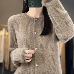 Slimming Cardigan Knitwear Loose Top Coat - Purple Velvet Camel - View 1