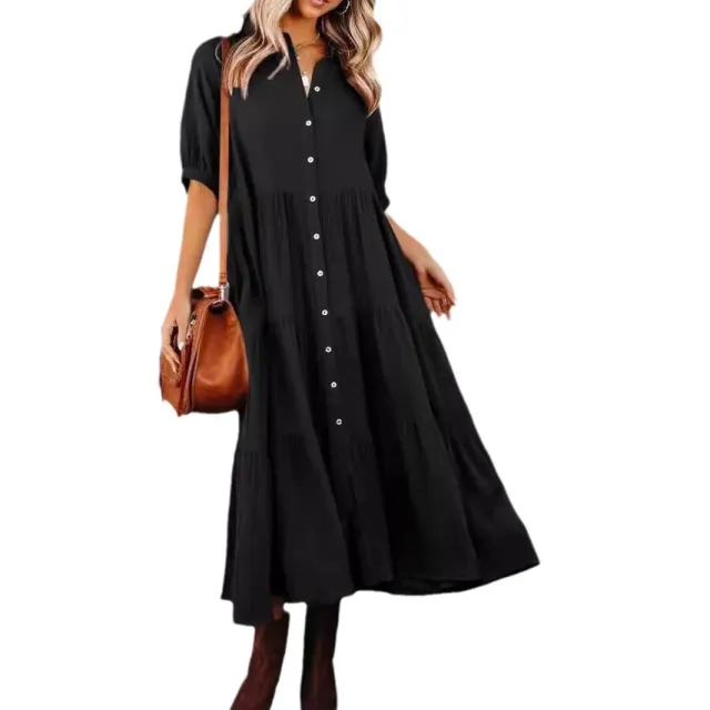 Women's Long Sleeve Button Dress Casual Dress Black - Shop at LoveMi