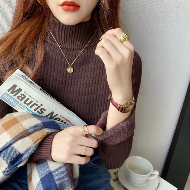 Velvet Padded Sweater Women's Autumn And Winter Knitted Brown - Shop at LoveMi