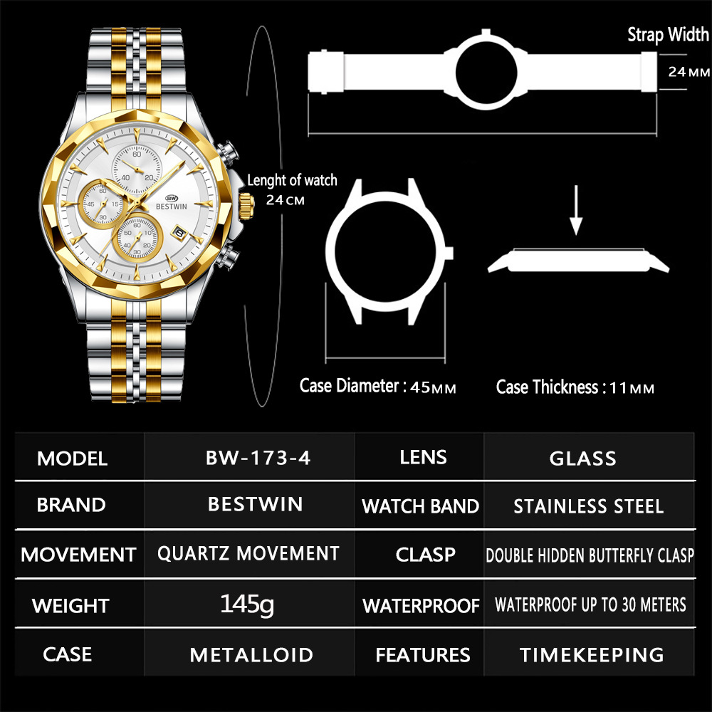 Bestwin BW1734 Luminous thin steel quartz watch for men
