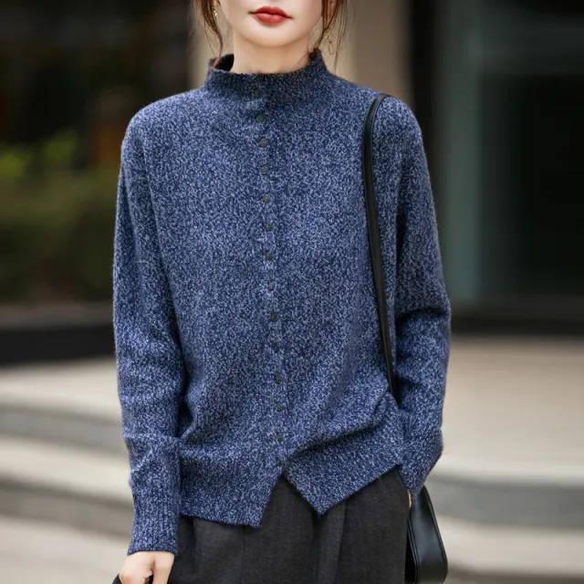 Machine Washable Half Turtleneck Arabesquitic Fabric Knitted Cardigan Blue - Shop at LoveMi
