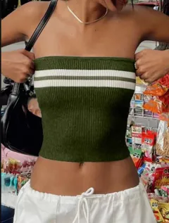 Ins Super Popular European And American Knitted Tank-top Contrast Color Striped Tube Top - Tan - View 1