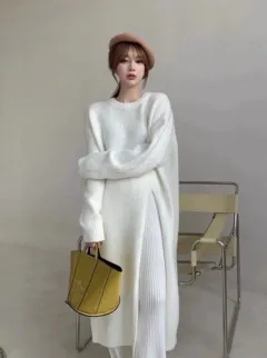 Loose And Idle Pullover Side Slit Over The Knee Knitted Sweater Dress - White - View 1
