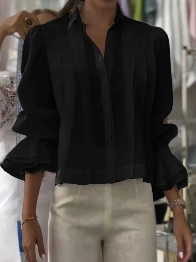 Pleated Solid Color Stitching Short Sleeve Shirt Black - Shop at LoveMi
