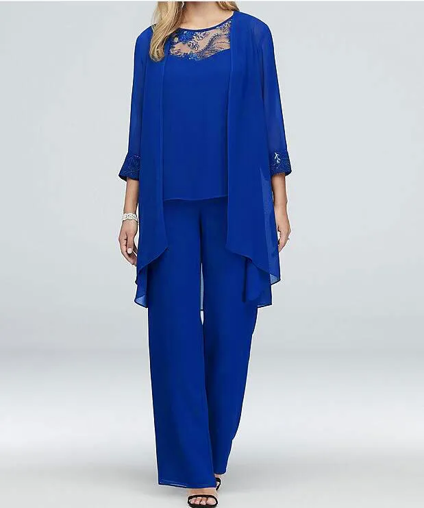 Round Neck Lace Chiffon Patchwork Cardigan Straight leg Pants Three piece Suit Blue - Shop at LoveMi