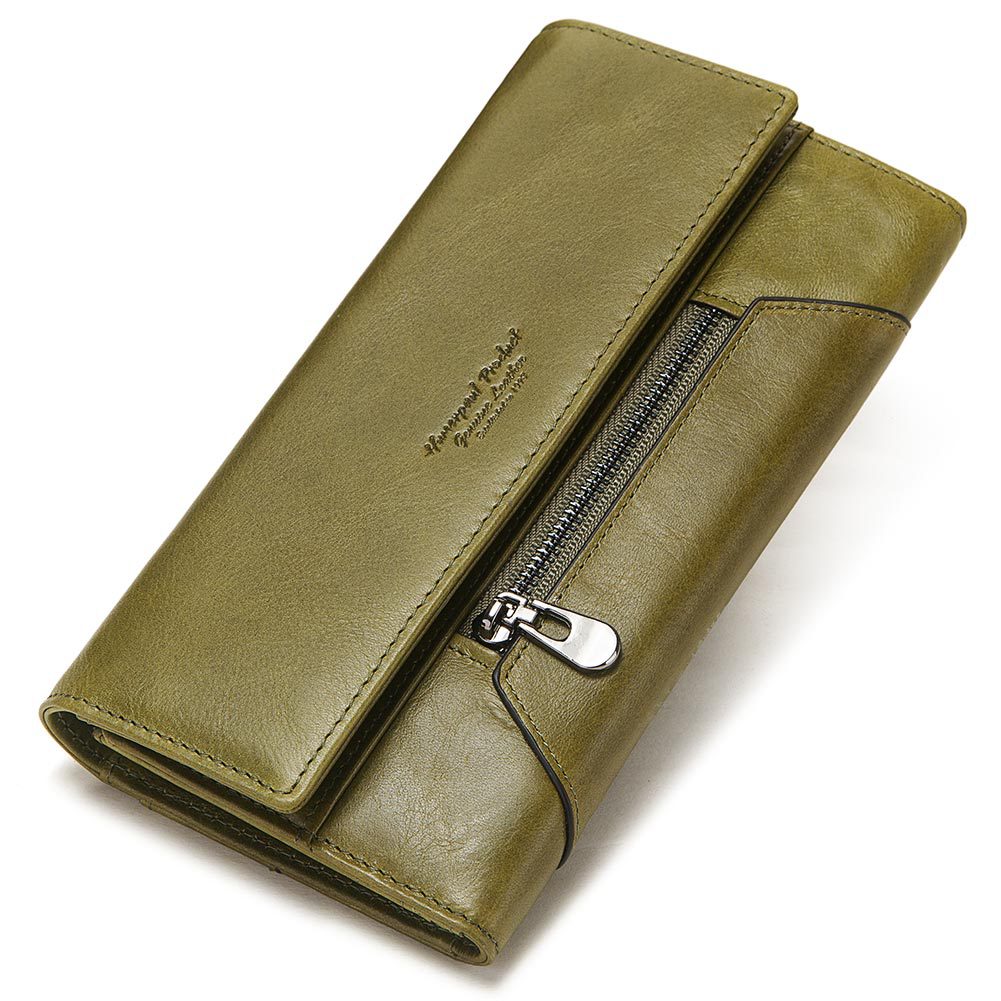 Long Cowhide Multiple Card Slots Coin Pocket RFID Anti magnetic Women's Handbag Green - Shop at LoveMi