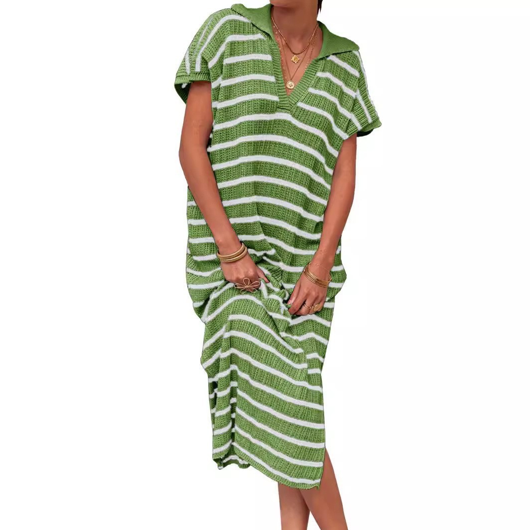 V-neck Striped Low Slit Lapel Long Dress Sweater