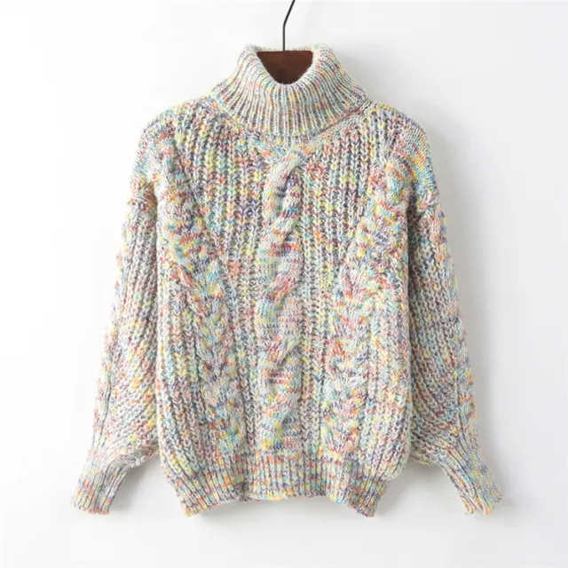 Autumn And Winter New Women's Wool Turtleneck Pullover Twist Long Sleeve Loose Knitted Bottoming Shirt White And Gray - Shop at LoveMi