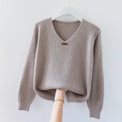 V-neck Jersey Women's Long Sleeve Loose Sweater - Khaki - View 1