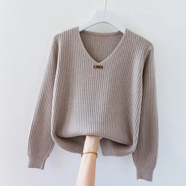 V neck Jersey Women's Long Sleeve Loose Sweater Khaki - Shop at LoveMi