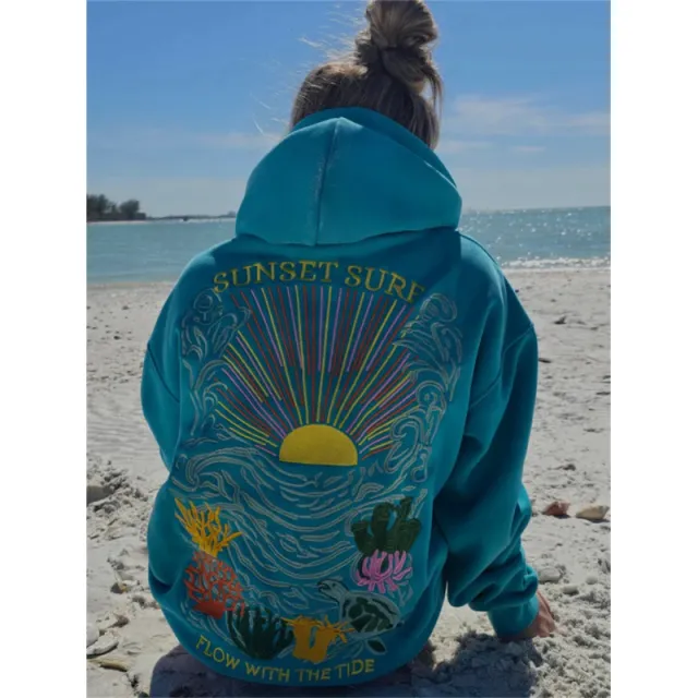 SUNFLOWER Embroidered Hoodie Sweater On The Sea Red - Shop at LoveMi