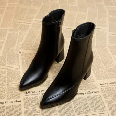 Women's Pointed Toe Autumn Thin Ankle Boots - Black - View 1
