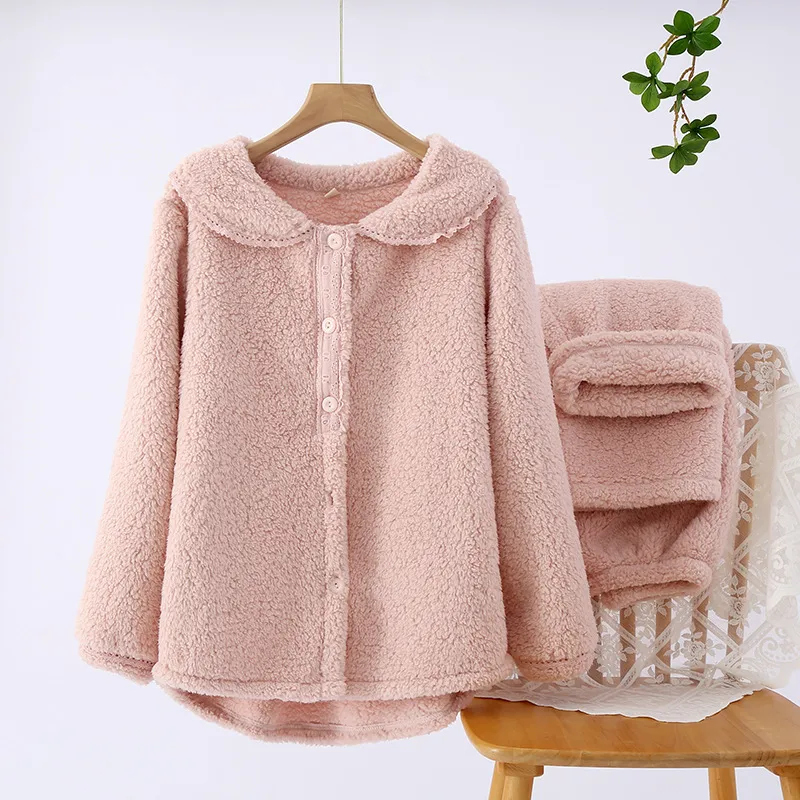 Women's Flannel Thickened Zippered Two-Piece Pajamas - Pink
