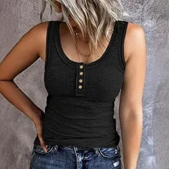 Women's Fashion Vest Summer Casual Camisole Slim Fit Henley Button Shirt - Black - View 1
