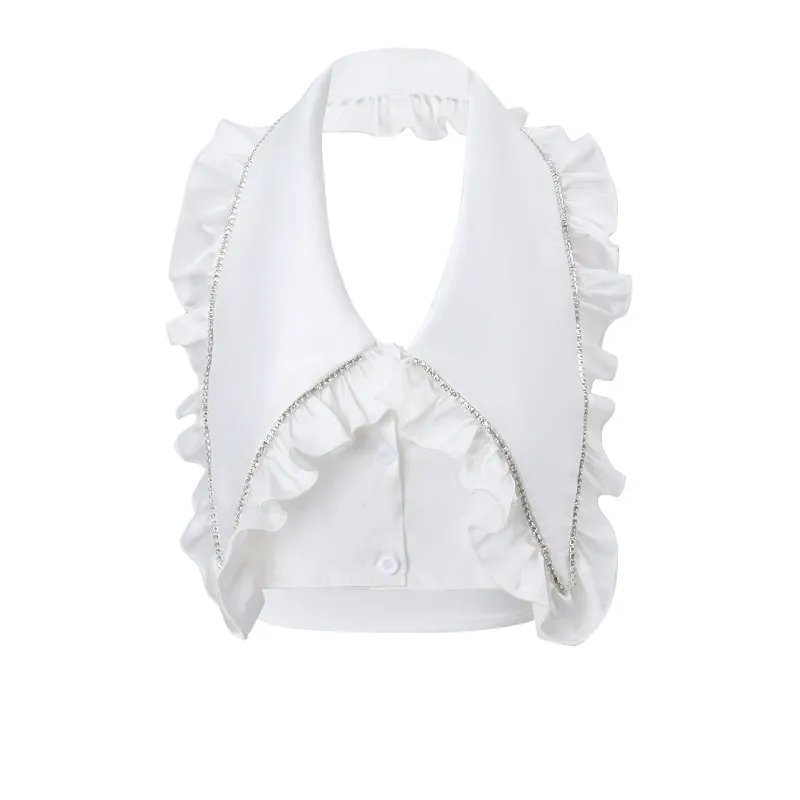 Fashion Design Chain V-neck Halter Vest Pure Desire Mesh Skirt Outfit Women - White Top