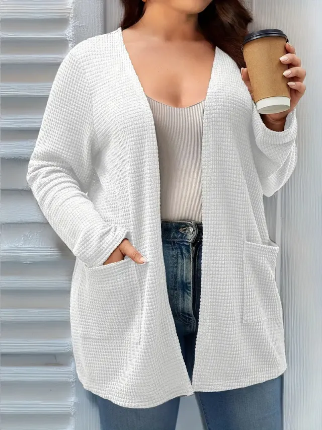 Autumn And Winter New Long Sleeve Pocket Casual Solid Color Cardigan Jacket White - Shop at LoveMi