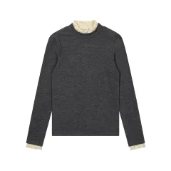 Long Sleeve Knitted Warm Lace Trim Inner Wear Blouse - Dark Grey - View 1