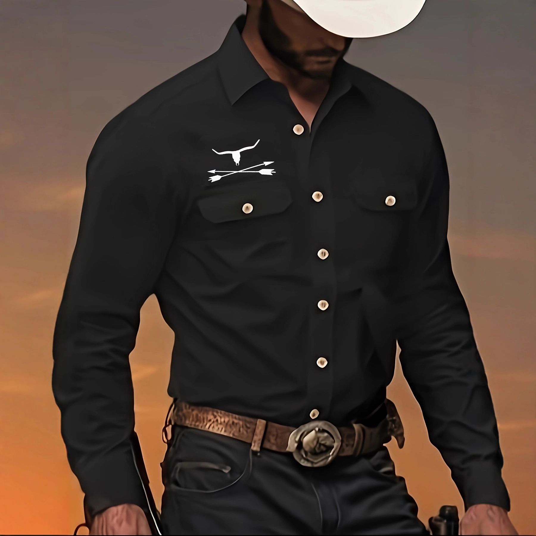 Bronzing-printed Mens Casual Lapel Long-sleeve Button-down Shirt