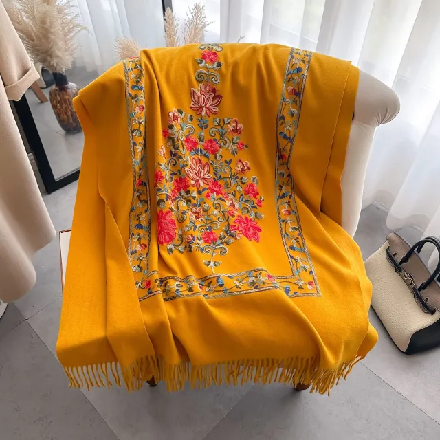 Red Gold Silk Embroidered Scarf For Women Winter All matching Wool Extra Thick Yellow - Shop at LoveMi