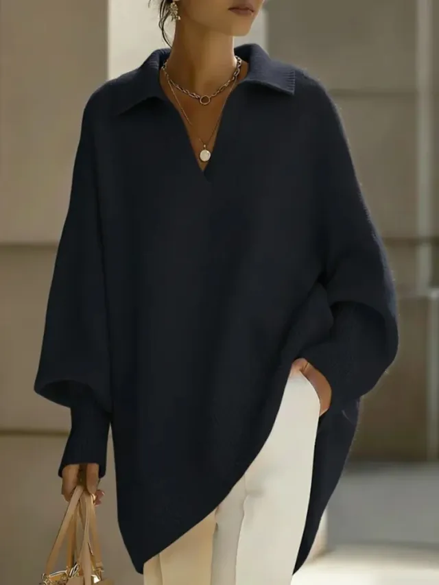Lapel collar Loose fit Solid color Sweater With Lantern Sleeves Black - Shop at LoveMi