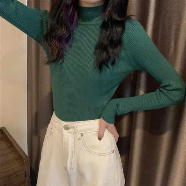 Slim Fit Inner Wear All matching Sweater Long Sleeve Half Turtleneck Dark Green - Shop at LoveMi