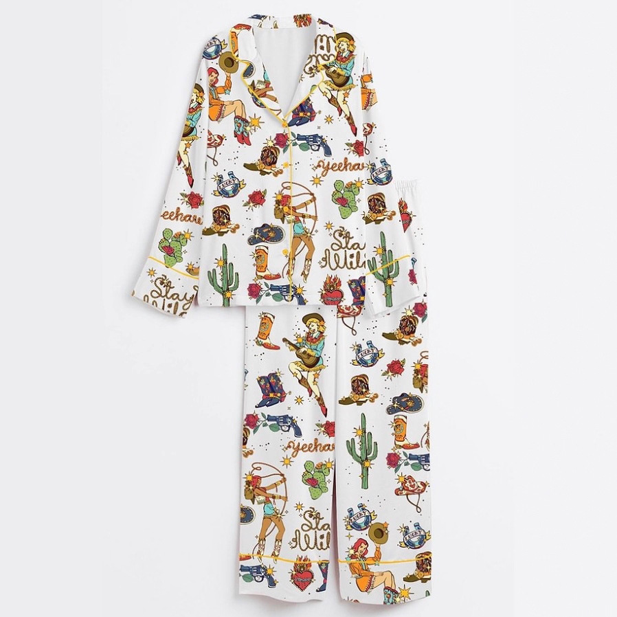 Fashionable Long-sleeve Printed Lapel Loungewear Pajamas