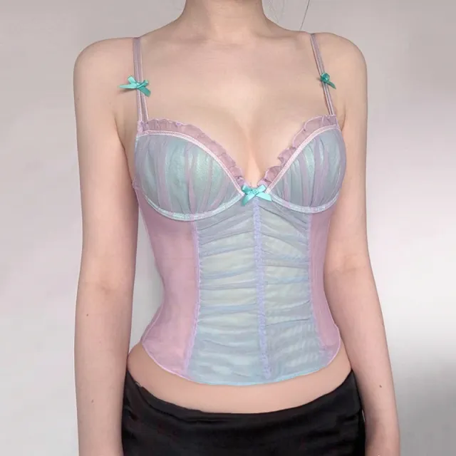 Pure Desire Mesh Stitching Contrast Color Bow Small Sling Vest Light Blue - Shop at LoveMi