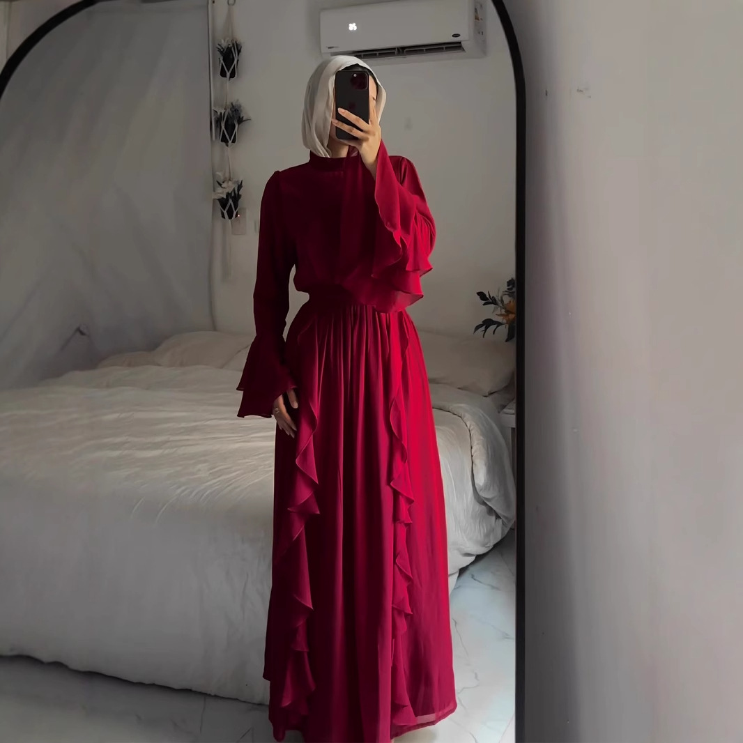 Chiffon Long Dress With Ruffled Trim And Panel Stitching