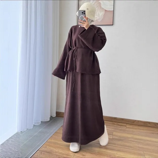 Stylish Casual Crew neck Long sleeve Tie front A line Dress In Style Brown - Shop at LoveMi