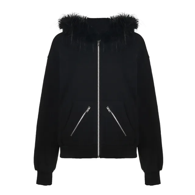 Black Zipper Divided Print Fleece Hooded Sweatshirt Black - Shop at LoveMi