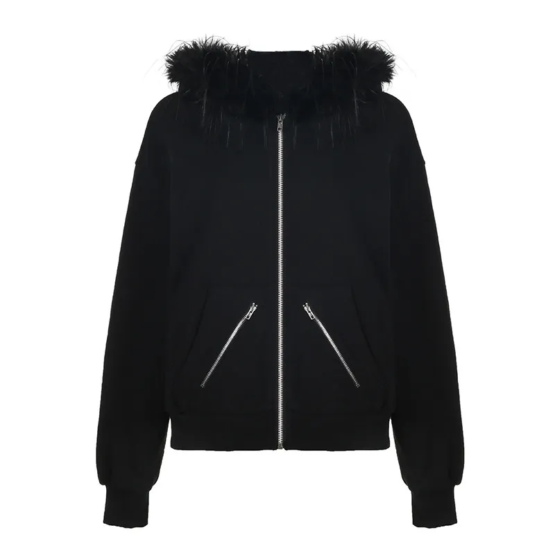 Black Zipper Divided Print Fleece Hooded Sweatshirt - Black