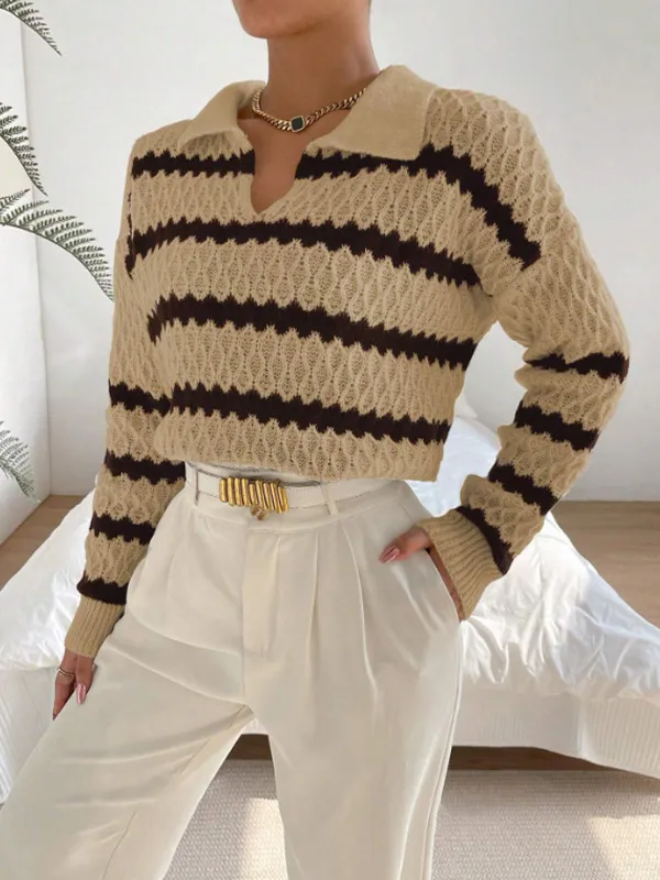 Autumn And Winter Classic Striped Loose Casual Sweater Top Dark Brown - Shop at LoveMi