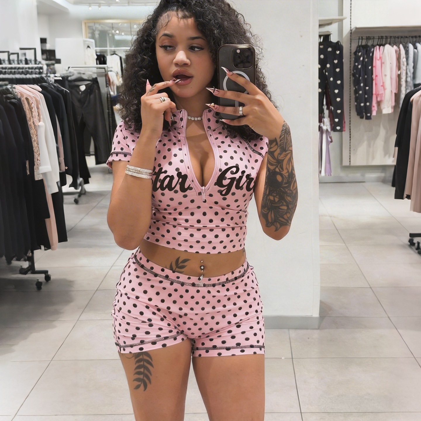 Womens Polka-Dot Print Zippered Crop Top And Shorts Set 5