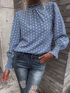 Polka Dot Printed Puff Sleeve Elegant Women's Shirt - Blue - View 1