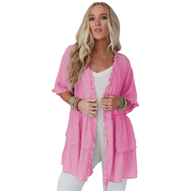Pure Color Ruffles Cardigan Women's Summer Casual Top Pink - Shop at LoveMi
