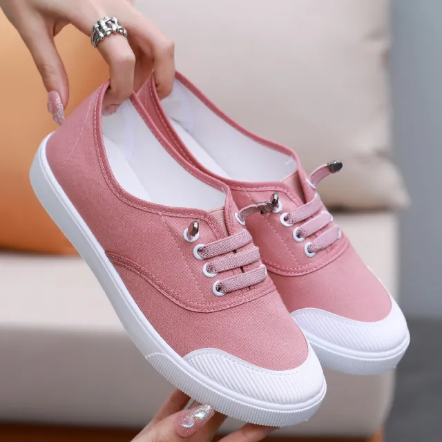 Womens Versatile White Canvas Shoes Student friendly Flat soled Sneakers Pink - Shop at LoveMi