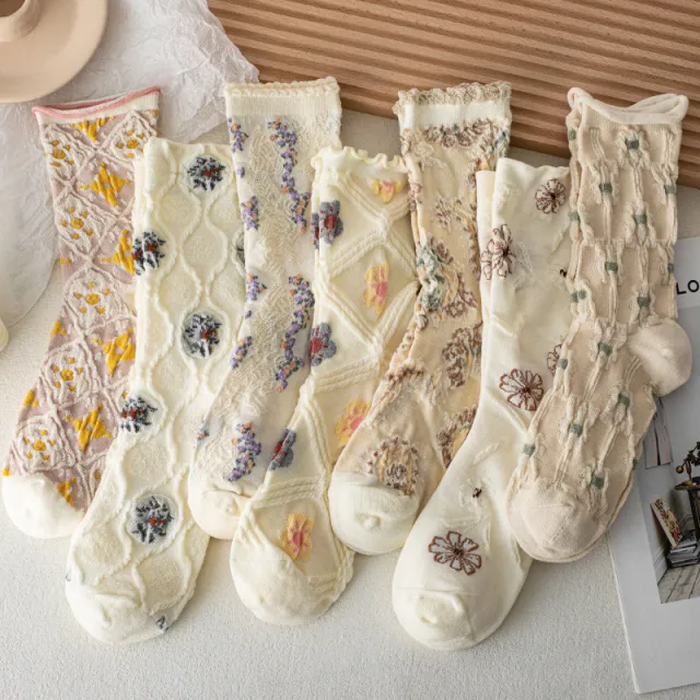 Court Women's Thin Small Flower Long Socks Retro Seven Color Suit - Shop at LoveMi