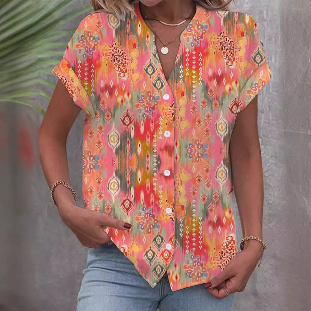 Cross-border European And American Printed Button V-neck Short-sleeved Top Women's Clothing