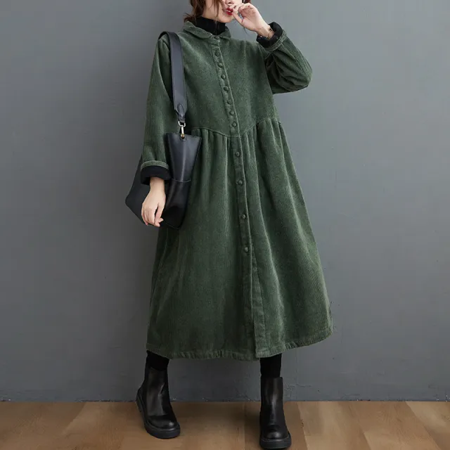 Autumn And Winter Fleece lined Long Sleeve Retro Artistic Loose Corduroy Casual Coat For Women Dark Green - Shop at LoveMi
