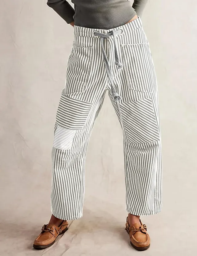 Fashion Commuter Casual Loose Wide Leg Striped Stitching Drawstring Pocket Trousers Gray - Shop at LoveMi