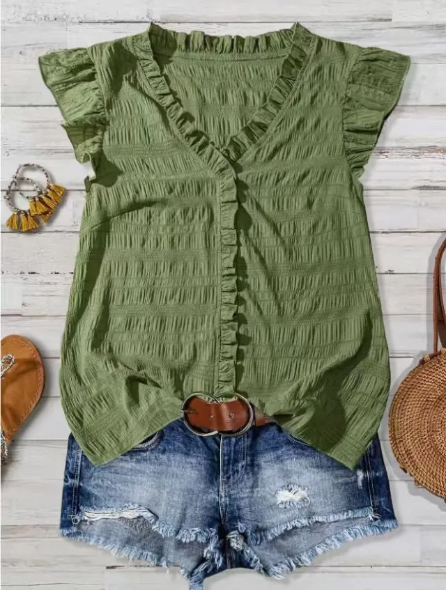 New Women's V neck Ruffled Short sleeve Blouse Loose fit Figure flattering Top With Lace Detailing Army Green - Shop at LoveMi