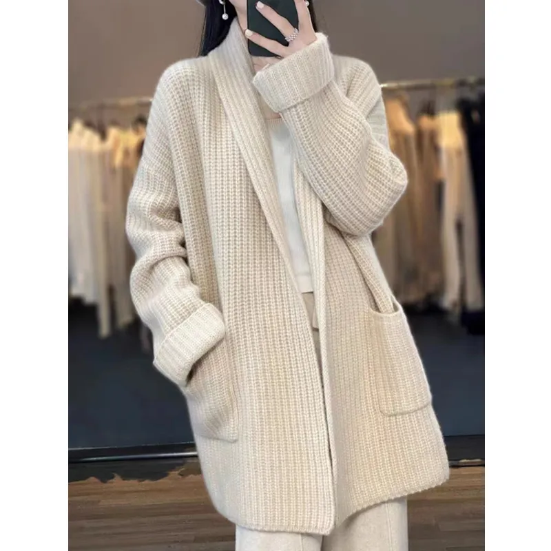 Plus Size Women's Sweater Cardigan Mid-length - Beige