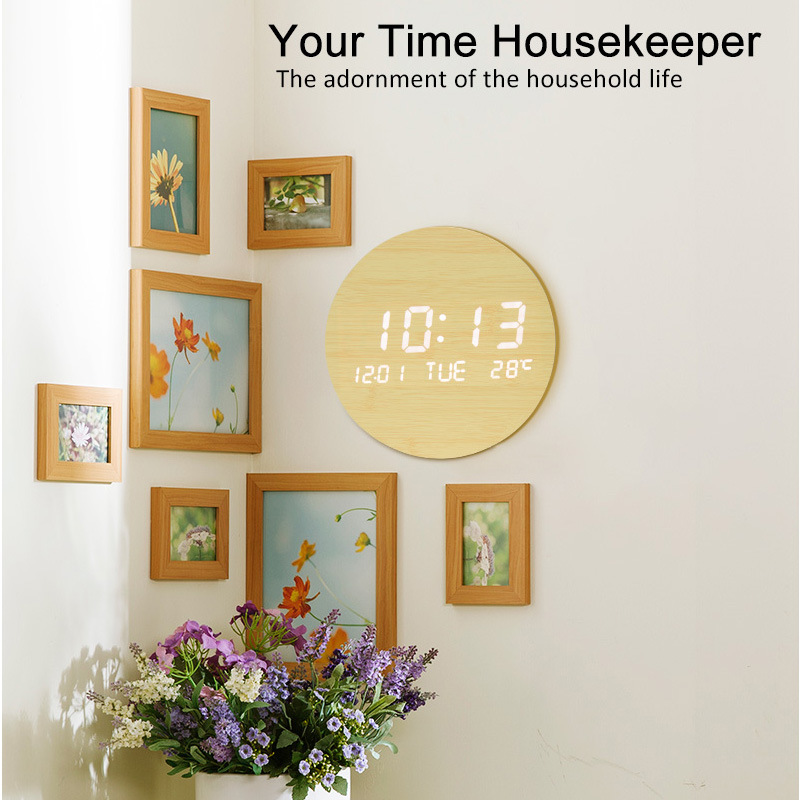 Creative LED Wooden Round Wall Clock Fashionable Electronic Clock