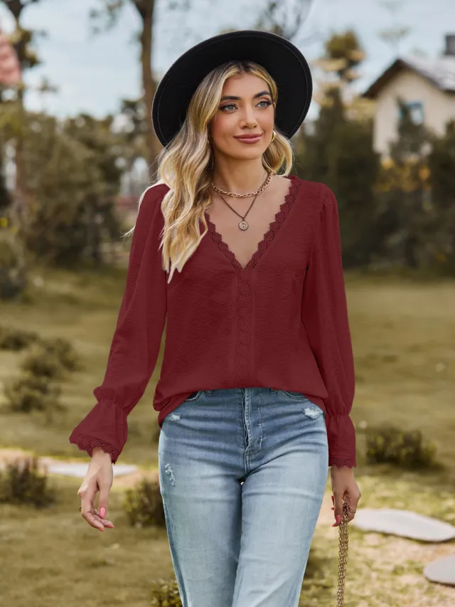 Fashion Jacquard Lace V neck T shirt Casual Stitching Long Sleeve Top Womens Clothing Red - Shop at LoveMi
