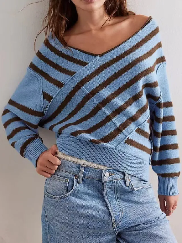 New Off shoulder Loose Off shoulder Top Long Sleeve Sweater Blue - Shop at LoveMi