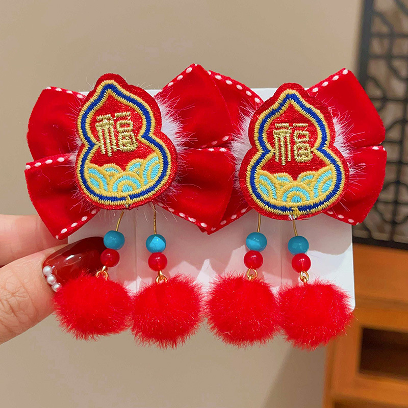 Chinese-style Lion Dance Bow-tie Tassel Pom-pom Hair Clip For Kids