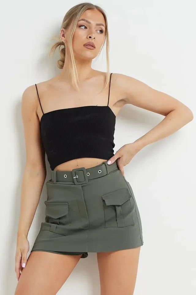 Summer European And American High Waist Fashion Pocket Short Pantskirt Khaki - Shop at LoveMi