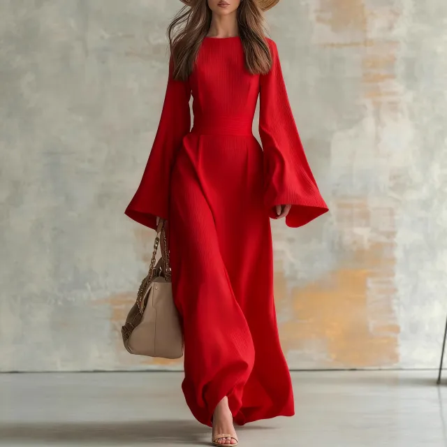 Womens Slim Fit Casual Dress With Flared Sleeves Wine - Shop at LoveMi